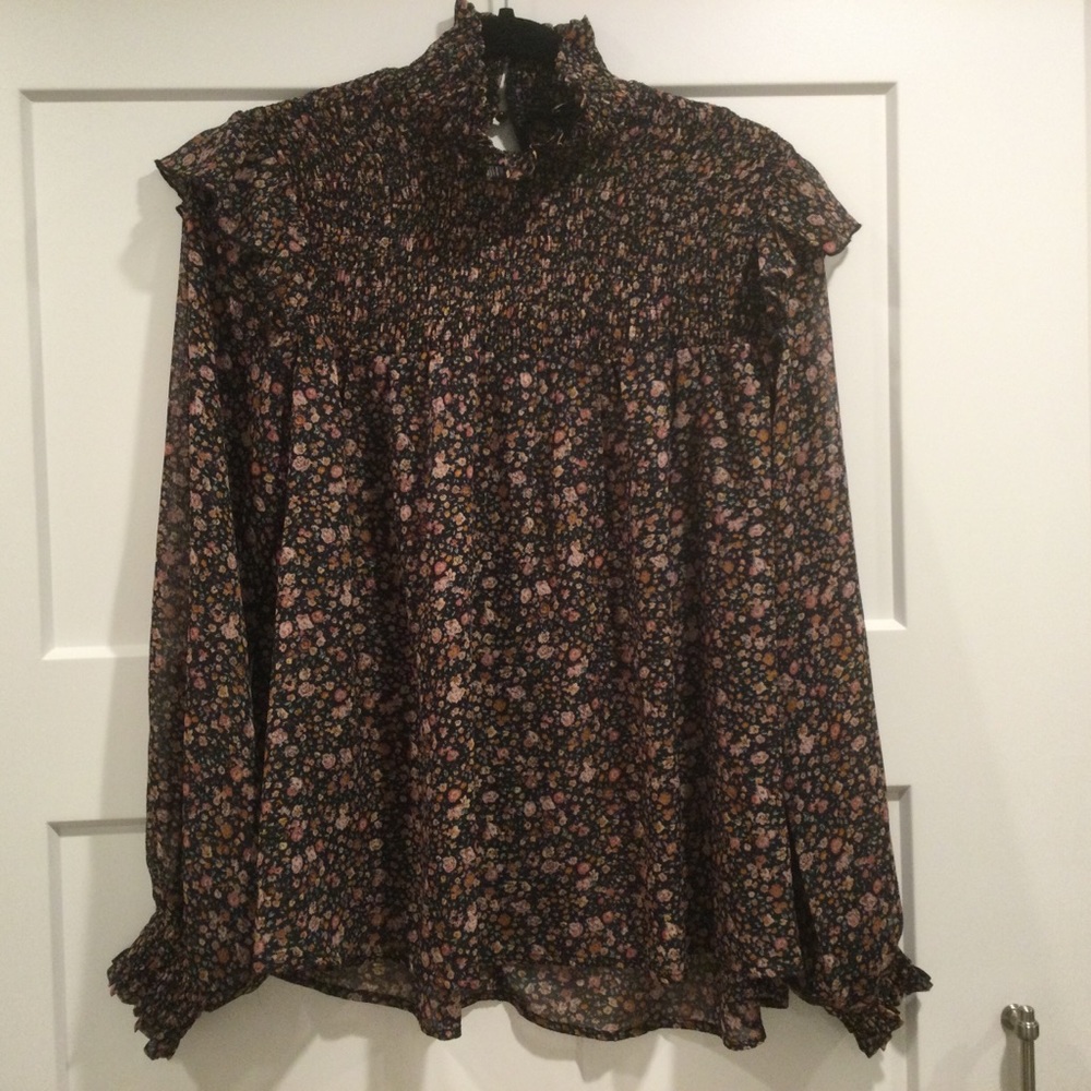 Dark Floral Semi-Sheer Smocked High Neck Ruffle Shoulder Blouse NWT